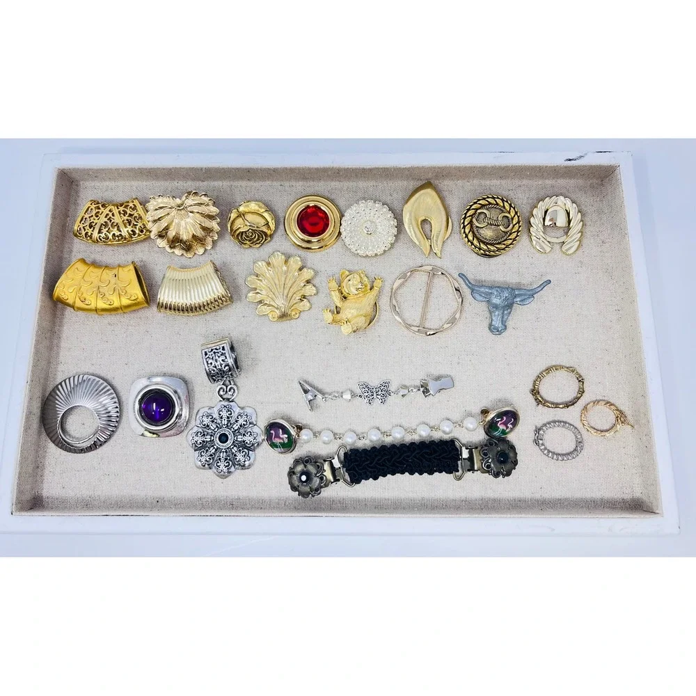Vintage Gold & Silver Tone Scarf Slide Clip Panda Flamingo Sweater Lot of 23